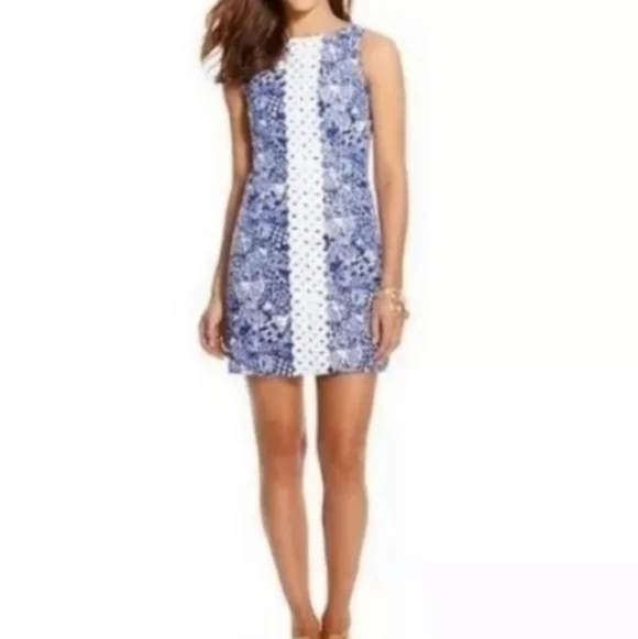 Lilly Pulitzer Blue Floral Mini Dress with White Lace Stripe - Picture 3 of 16